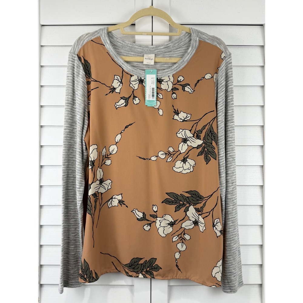 Kaileigh Mixed Material Topβ XL Blush Floral Knit Long Sleeve NEW